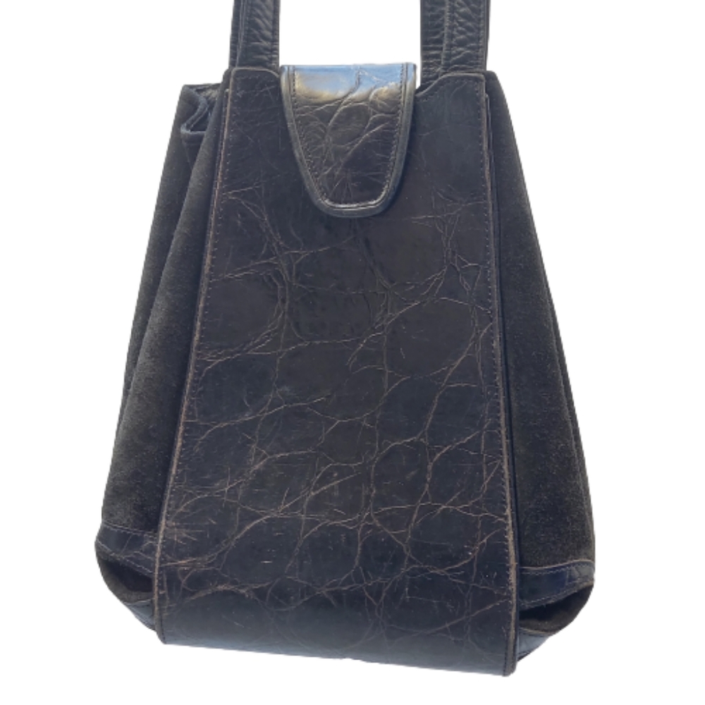 Marlene Gaines Vintage Black Textured Leather and Suede Shoulder Handbag